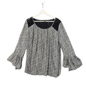 Roz & Ali Peasant Romantic Floral Bell Sleeve Lace Top Black White Women Size XL